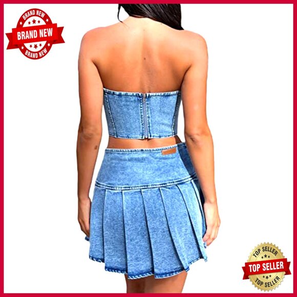 Denim Skirt Set with Pleated Ruffle Hem and Corset Tube Top - Picture 4 of 7